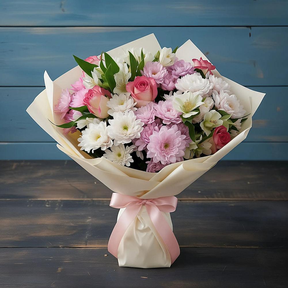 Букет цветов из: Хризантемы, Альстромерии и Розы в Шилово